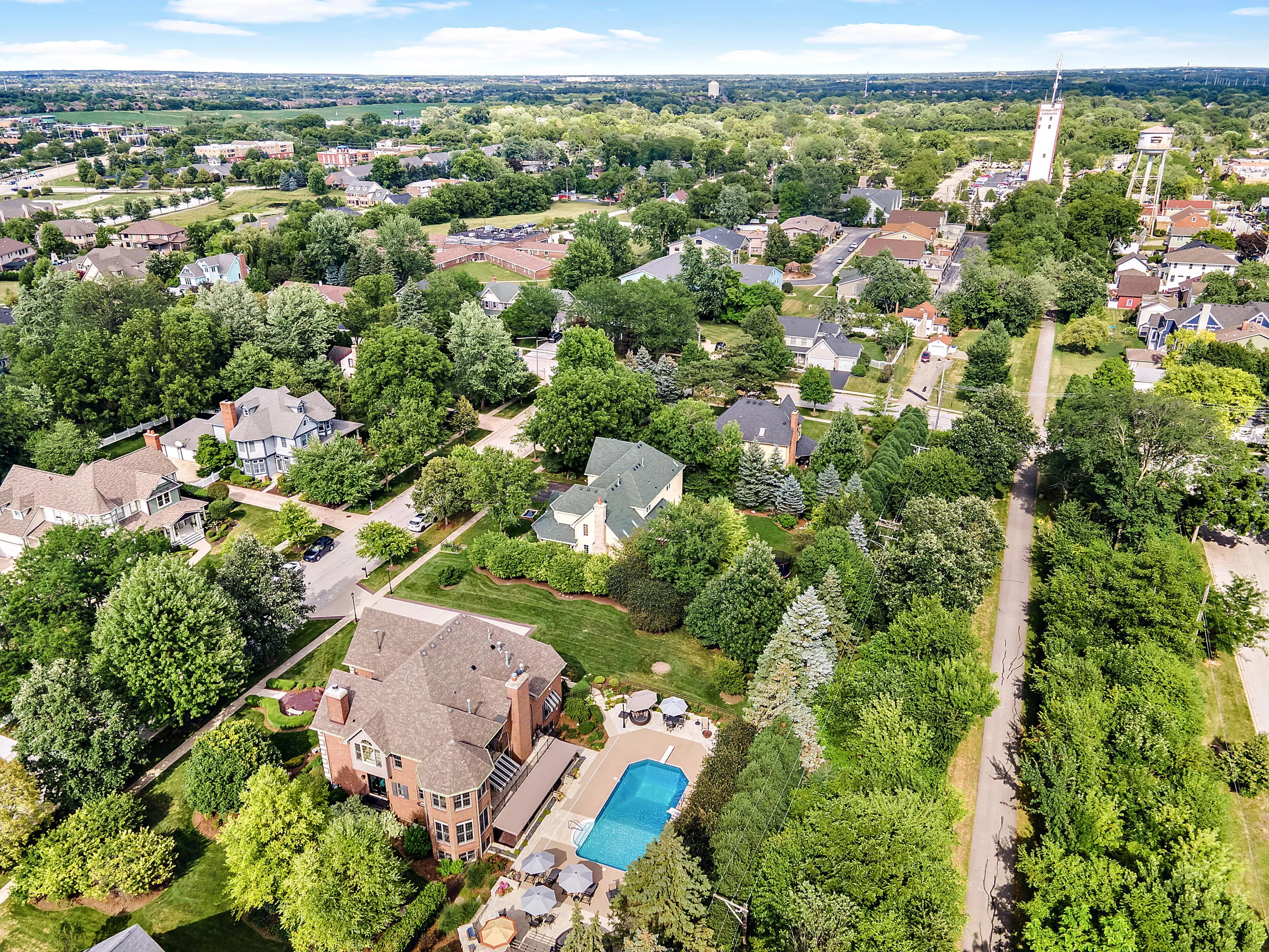 Aerial view of a tree-lined residential neighborhood